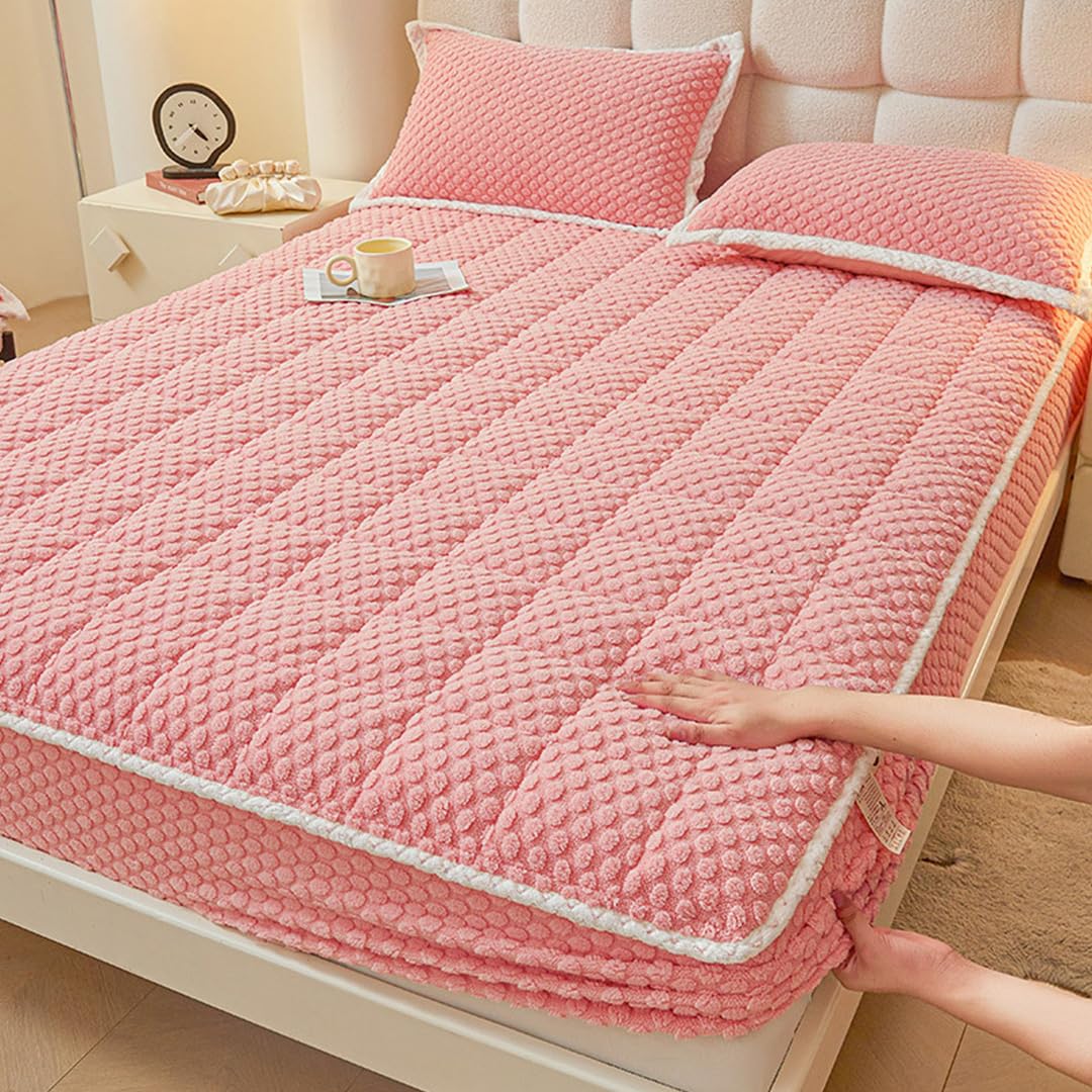 ボックス席敷き妙 冬 マットレス押しかぶせる 臥榻敷き妙 パステル色の ふわふわ マイクロ衣料繊維 臥榻押しかぶせる 生あたたかい 防寒 広広としたダブル 着脱飾り気の無い 無地 ダブル ダブルロング 敷き布団押しかぶせる 抗菌 防臭産業 洗える 秋冬用 サクラ色 ボックス席敷き妙150*200糎+枕押しかぶせる2枚