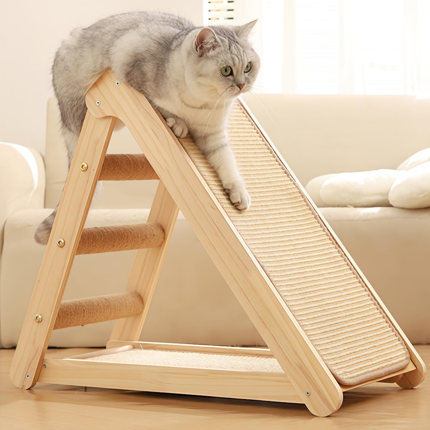 2段式 2-in-1 折りたたみ式 階段 猫 爪研ぎ 天然麻+無垢材 耐摩耗 爪とぎシート 猫 ベッド 大空間 多頭飼い対応 防滑設計 組み立て簡単 省スペース 家具 破損防止 通気性 四季対応 多用途 ストレス解消 運動不足改善 ネコ用品(A,30*60*52cm)|明金万代