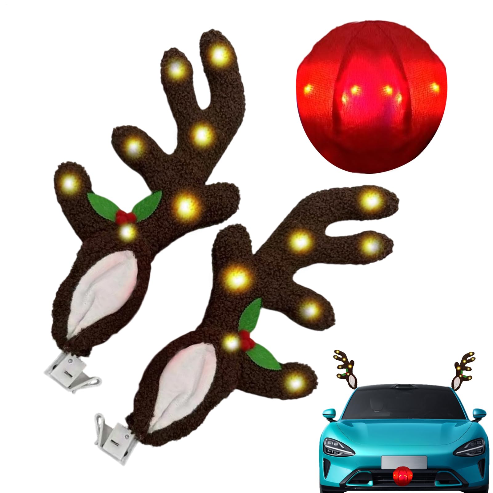 車のトナカイの角、鼻付きLED枝角 - クリスマスデコレーション、トラック車両、SUV、エクステリアウィンドウ、ルーフトップ、ホリデーディスプレイ用。｜明金万代