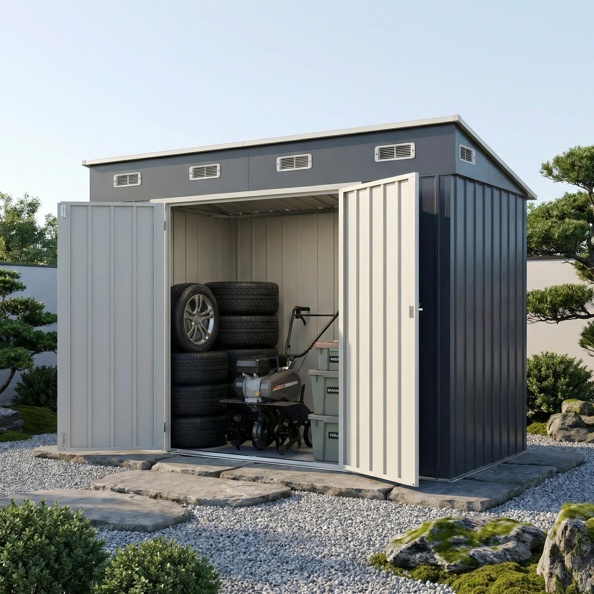 【可動棚なし・超大型270cm】屋外物置 スチール収納庫 観音開き 防さび・防水 幅270×奥行126×高さ189cm 床材補強フレーム・換気口付き 自転車収納 ゴミ箱収納 ガーデニング用品収納 大型倉庫 庭 ベランダ ガーデニング 庭 防水/耐侯 ガーデン/庭/田畑/農場 頑丈 スチール|明金万代