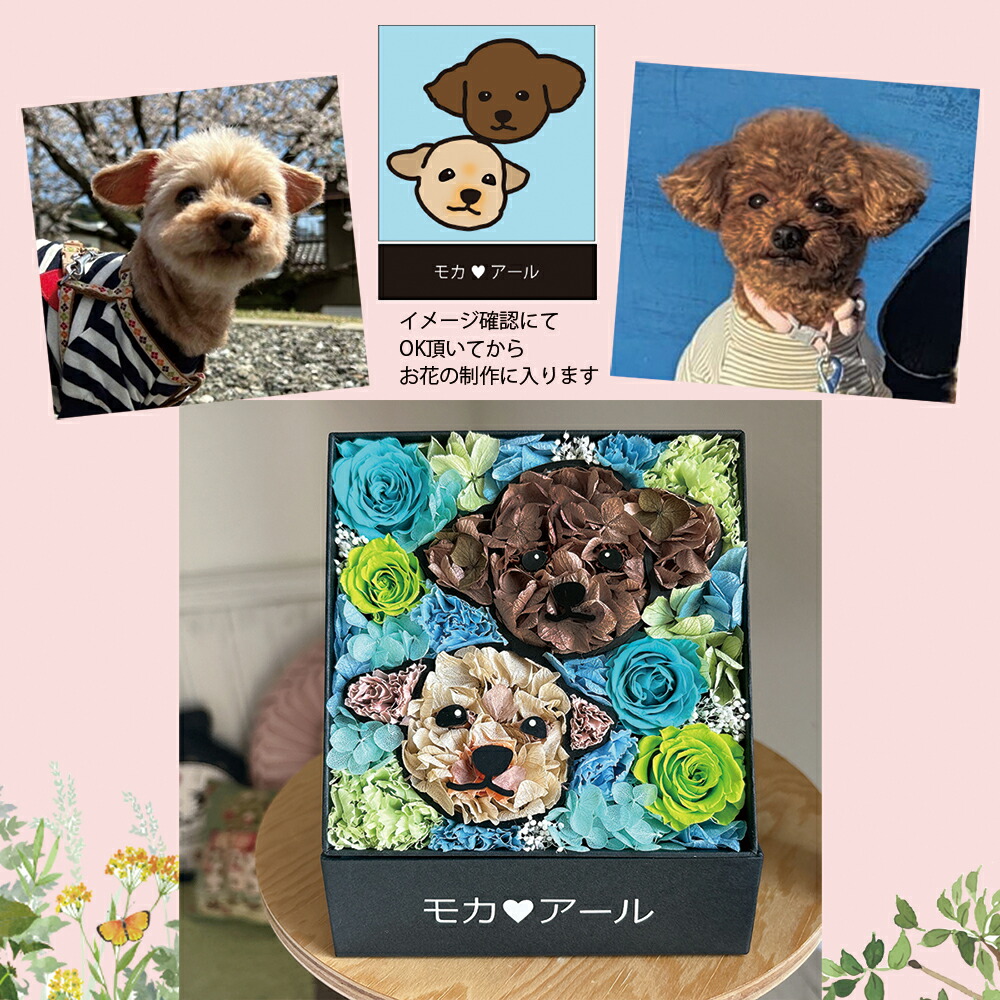 【母の日 4/18予約締切★最大1000円OFF】 「写真からつくるマイペットフラワー ２匹 BOX 名前入り」 母の日 花 犬 猫 うさぎ プリザーブドフラワー ブリザーブドフラワー 誕生日 結婚祝い 還暦 古希 犬 ねこ ギフト 似顔絵フラワー プレゼント お祝い 名前入れ