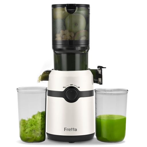 Fretta ジューサー 10.8cm広い投入口 1L大容量 スロージューサー 細かくカット不要 一度投入 取り付け簡単 コールドプレスジューサー BPAフリー ホワイト|マイアール
