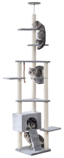 「全面ジュート巻き」U-Yocanpet キャットタワー 突っ張り 高さ調整幅240-260cm 猫タワー 3本支柱 強い安定性 スリム 省スペース 爪とぎ柱 ハンモック付き 隠れ家 多頭飼い 運動不足 ストレス…|マイアール