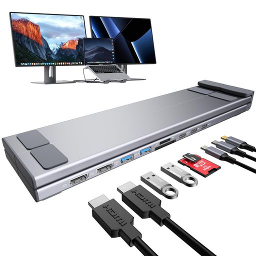 Mukiya 9-in-1 ノートPCスタンド ドッキングステーション(HDMI 4K@60Hzx2・USB Ax2・USB C・SDカード最大104MB/s・TFカード・PD100W)5Gbps高速転送 折りたたみ式 アルミ合金 MacBook|マイアール