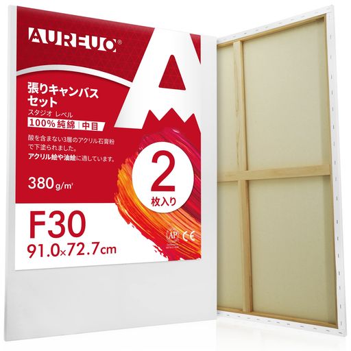 AUREUO 張りキャンバス セット F30 (91.0cmX72.7cm) 中目 100%コットン 2枚 初心者 絵画用具 芸術絵創作 現代油絵 美術装飾 水彩画・油絵画・アクリル兼用|マイアール