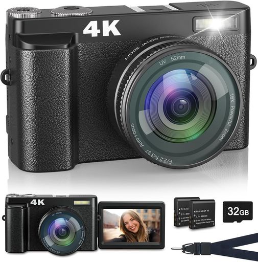デジタルカメラ 4K デジカメ 4800万画素 オートフォーカス 1080P動画撮影 16倍デジタルズーム コンパクト 軽量 フラッシュ 180度回転スクリーン 自撮り 初心者 学生 vlog 手ブレ補正 ズーム 32g…|マイアール
