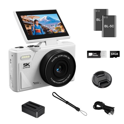 5Kデジタルカメラ WiFi搭載 7500万画素 オートフォーカス 3インチ180°回転スクリーン Vlogカメラ 18倍デジタルズーム 軽量 コンパクトカメラ 64GB SDカード付き リチウムイオン電池 2|マイアール