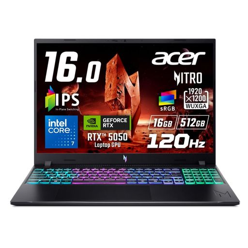 Acer Nitro V 16 Core 7 240H RTX 5050 16GBメモリー 512GB SSD 16インチ WUXGA 16:10 IPS 非光沢 sRGB 100% 120Hz デュアルファン デュアル吸排気 207万画素 Webカメラ|マイアール