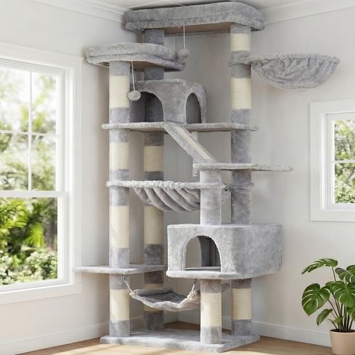Heyblyキャットタワー 多頭飼い最適 高180cm 大型猫用 据え置き式 高安定性 ダブル展望台付き ダブル猫小屋付き 3 つ吊りベッド付き コンパクト設計 易攀爬 多機能 運動不足解消 猫用品 人気&hellip;｜マイアール