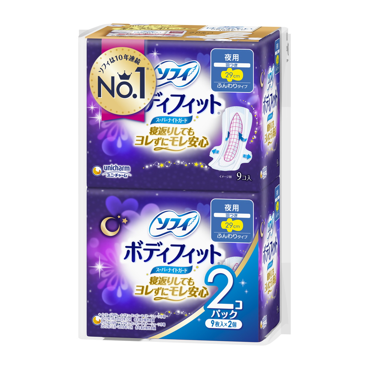 【送料込・まとめ買い×12個セット】ユニ・チャーム ソフィ ボディフィット スーパーナイトガード 羽つき 9枚×2コパック 夜用 生理用ナプキン