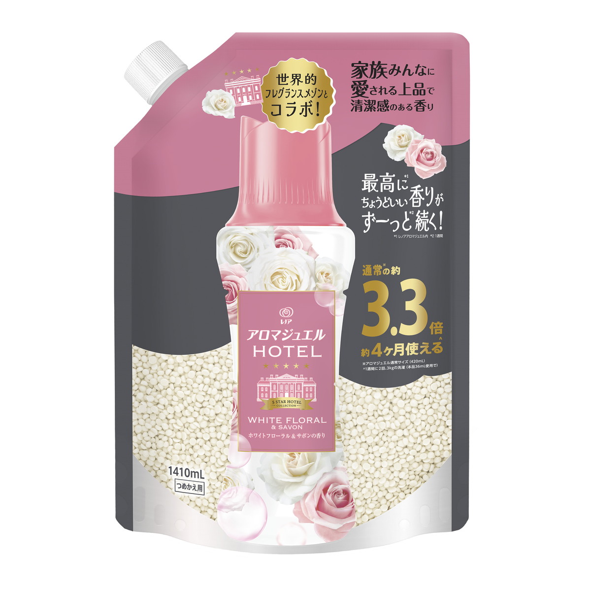 【送料込・まとめ買い×4個セット】P&G レノア アロマジュエル ホワイトフローラル & サボンの香り つめかえ用 超特大サイズ 1410mL 香りづけビーズ|マイレピ P&Gストア