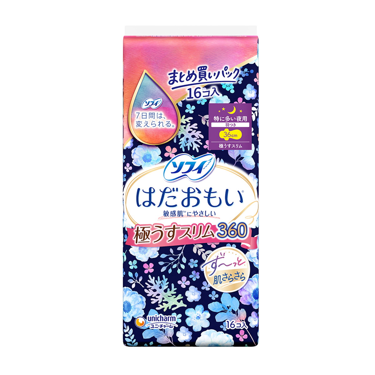 【送料込・まとめ買い×8個セット】ユニ・チャーム ソフィ はだおもい 極うすスリム 360 特に多い夜用 羽つき 36cm 16コ入