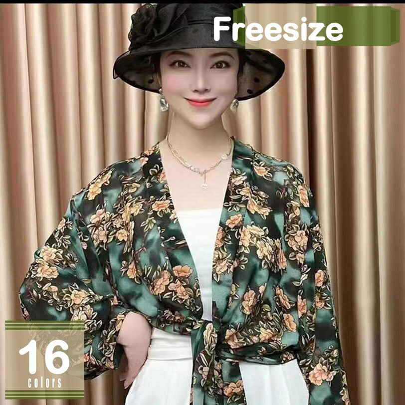 前結びシフォンボレロ 長袖 パフスリーブ ボレロ カーディガン レディース サマーコート UV対策 花柄 ゆったり 体型カバー 大きいサイズ 透け感 冷房対策 フォーマル アウター トップス シフォンカーディガン 水着 海 海水浴 mysco