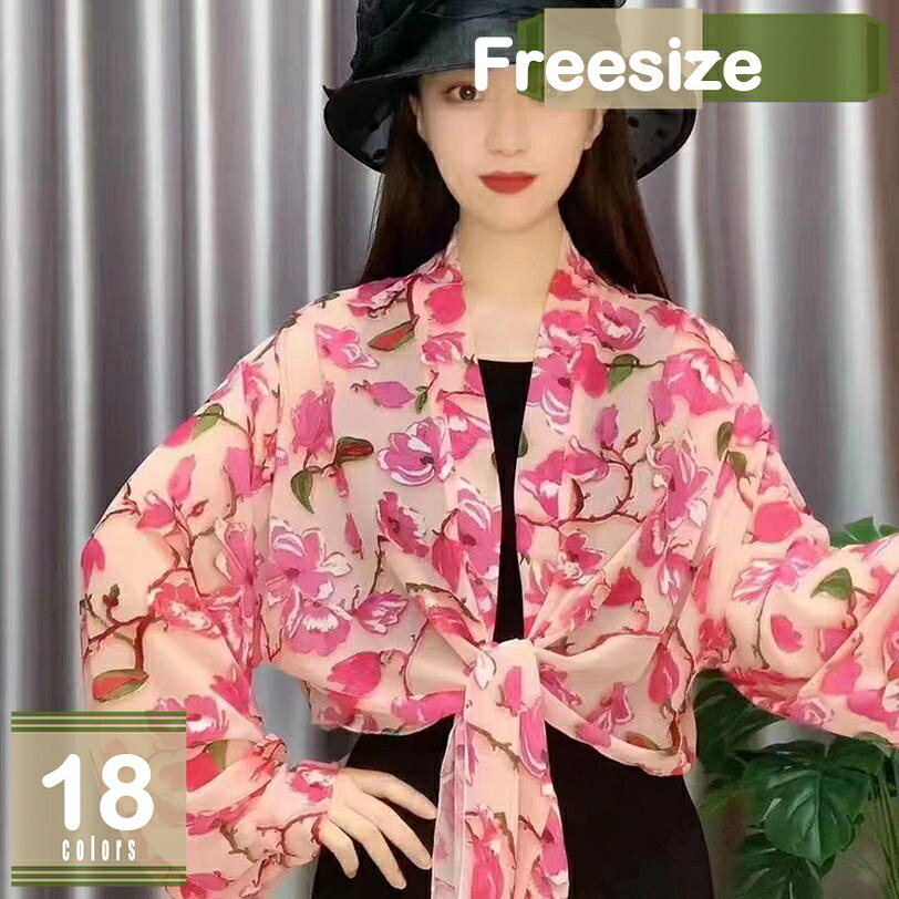 可愛いドルマンスリーブ 花柄プリント ふんわり 薄手 シフォン ショート丈 裾結び 長袖 ボレロ カーディガン シースルー サマーカーディガン ショートカーディガン きれいめ 日焼け止め 透け感 UVカット UV対策 夏用 レディース mysco
