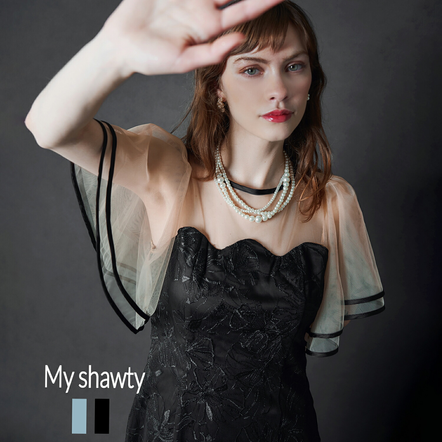 flare sleeve lace dress レース ドレス 花柄 スパンコール ロング丈 チュール フレア袖｜My shawty