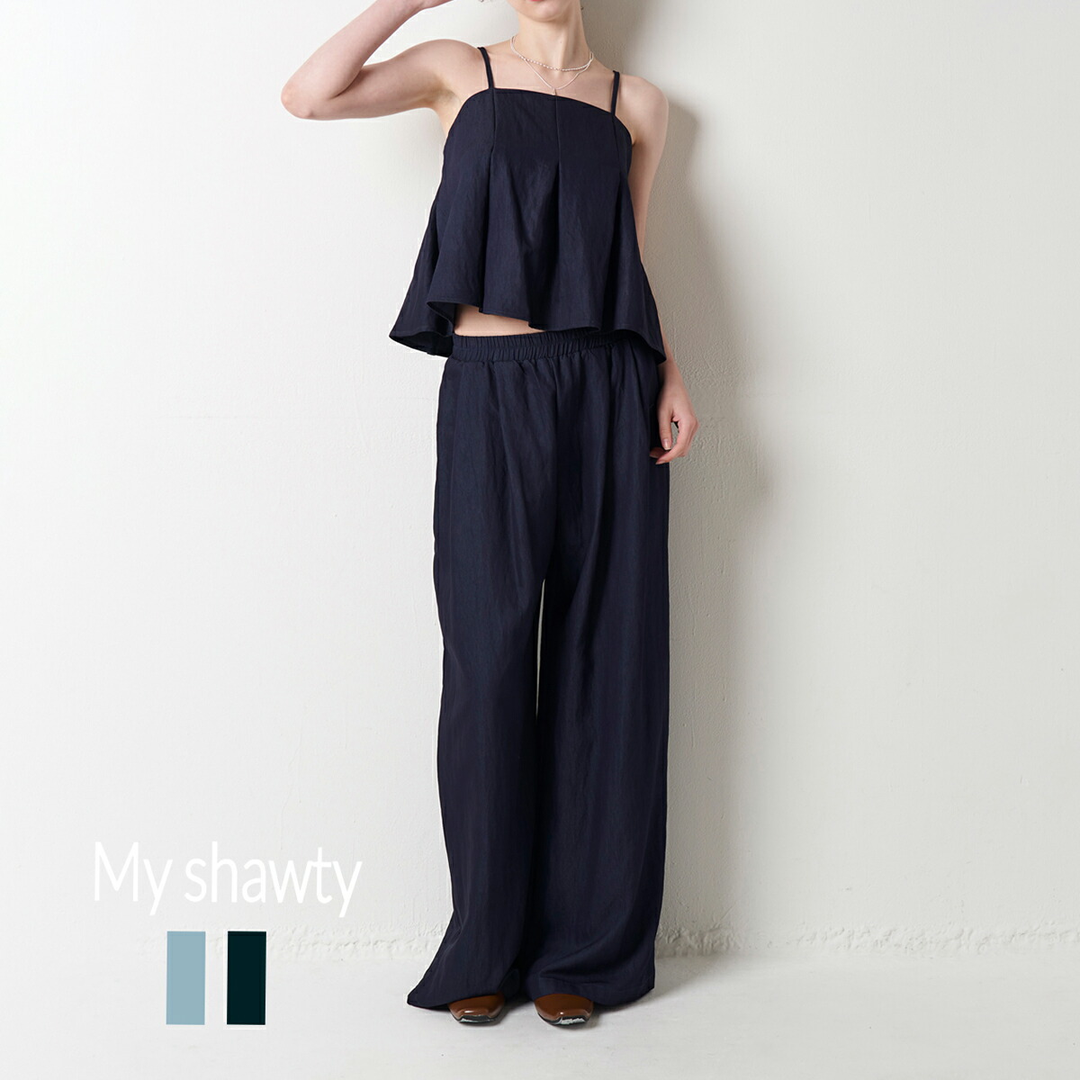 denim cami set up セットアップ ジーンズ キャミソール ビスチェ ロング丈 ズボン下表現スタイル