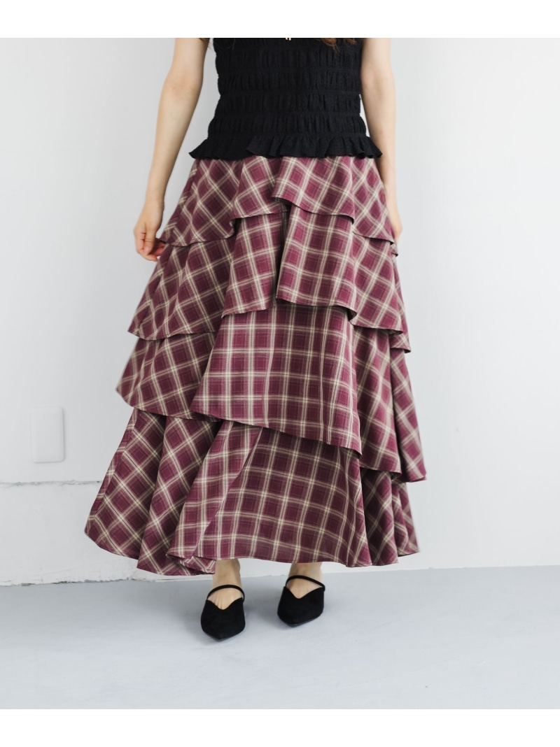 【SALE／10%OFF】チェックティアードスカート mysty woman ミスティウーマン スカート ロング・マキシスカート ワインレッド ブルー【RBA_E】【送料無料】[ Fashion]｜mysty woman