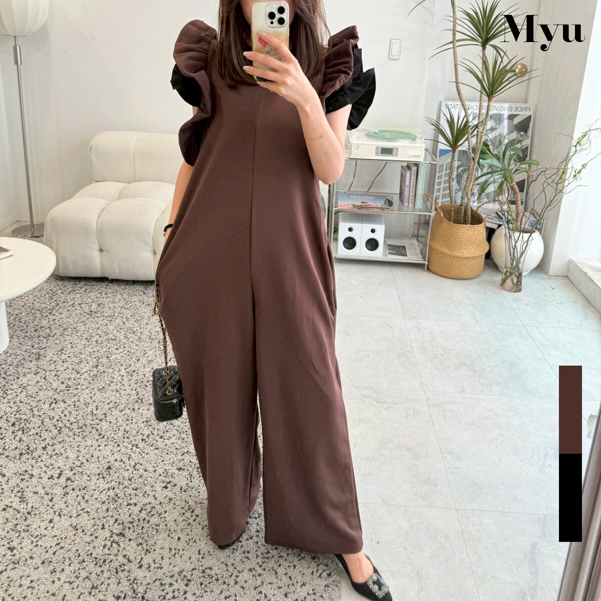 【肩バルーンオールインワン(ma5-2507)】 レディース myu トップス ボトムス ブラック フリル プリーツ 秋 秋服 ミュウ 半袖 高見え 美ライン 楽ちん 体型カバー｜Myu店 10,764円