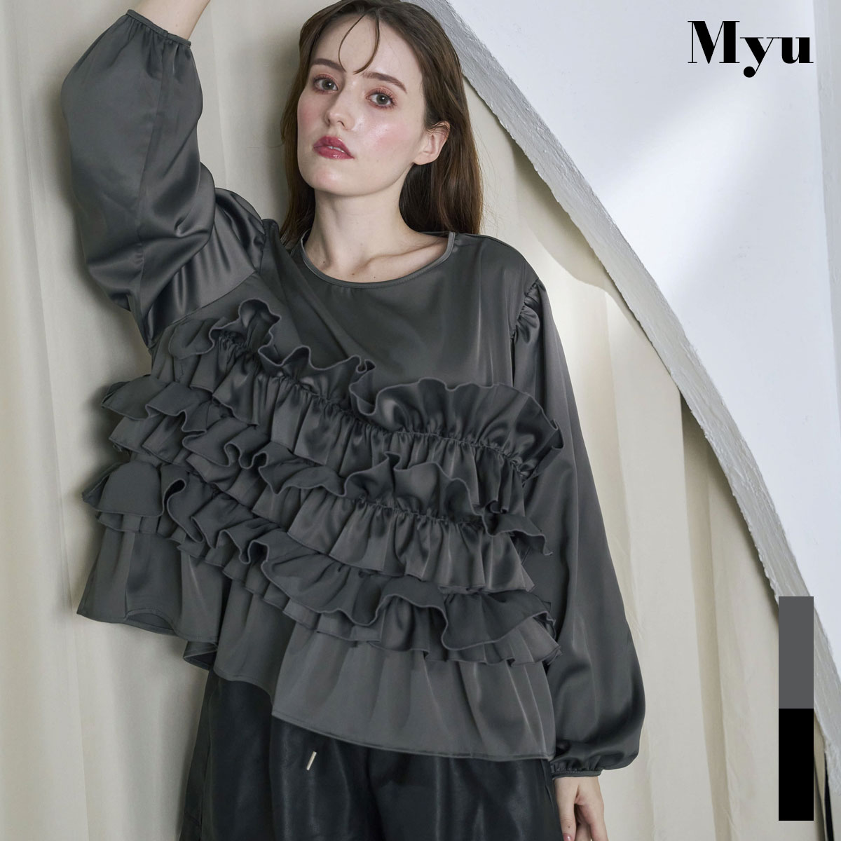 60%OFF!!5,584円!!：【Flowerブーケサテンルーズブラウス(ma20-2509) 】レディース トップス サテン ブラウス プルオーバー フリル グレー ブラック 高見え 美ライン 楽ちん 体型カバー【メール便OK】｜Myu店