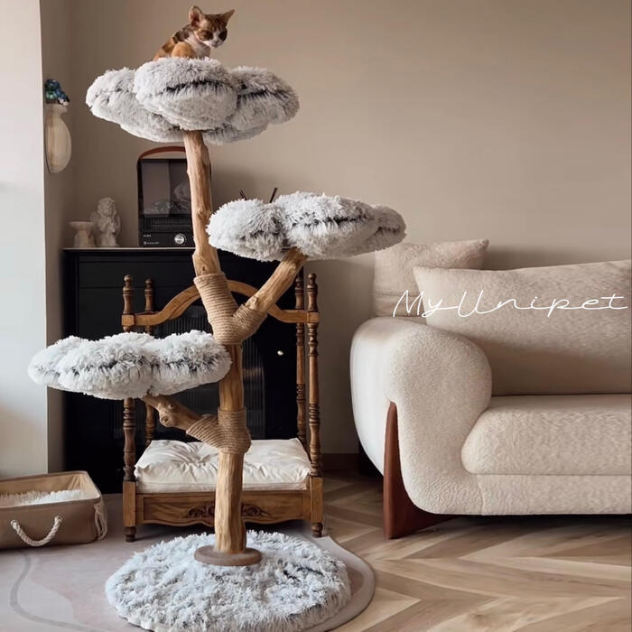 キャットタワー 木製 無垢材 おしゃれ 【雲にのる】MyUnipet 3段 高さ140cm 安定感抜群 頑丈 大型猫 多頭飼い シニア猫 据え置き 天然木 爪とぎ 爪研ぎ 北欧風 猫タワー 室内 運動不足解消 雲型ベッド 猫ベッド インテリア  送料無料 国内発送 翌営業日発送可能