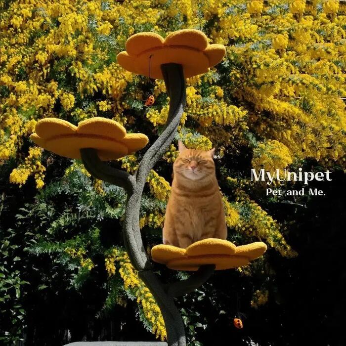 【花にのる】ひまわりキャットタワー 北欧風 猫用円柱 今めかしい 爪とぎ付き添い人 臥榻 多頭飼い 木製 釣りあい感 室内装飾映え