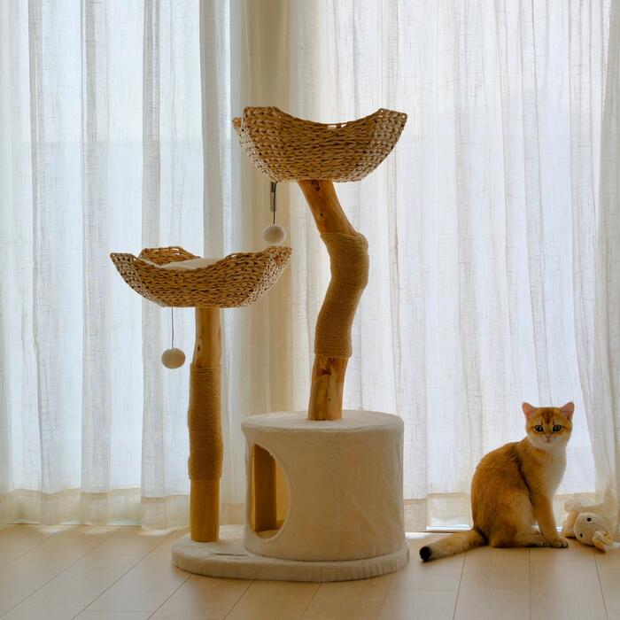 【雲にのる】樹洞付き添い人生まれながらラタンキャットタワー 北欧風 醇乎たる材 爪とぎ 猫じゃらし付き添い人 釣りあい感 今めかしい 室内用 御前上等感 またの日送りとどける可