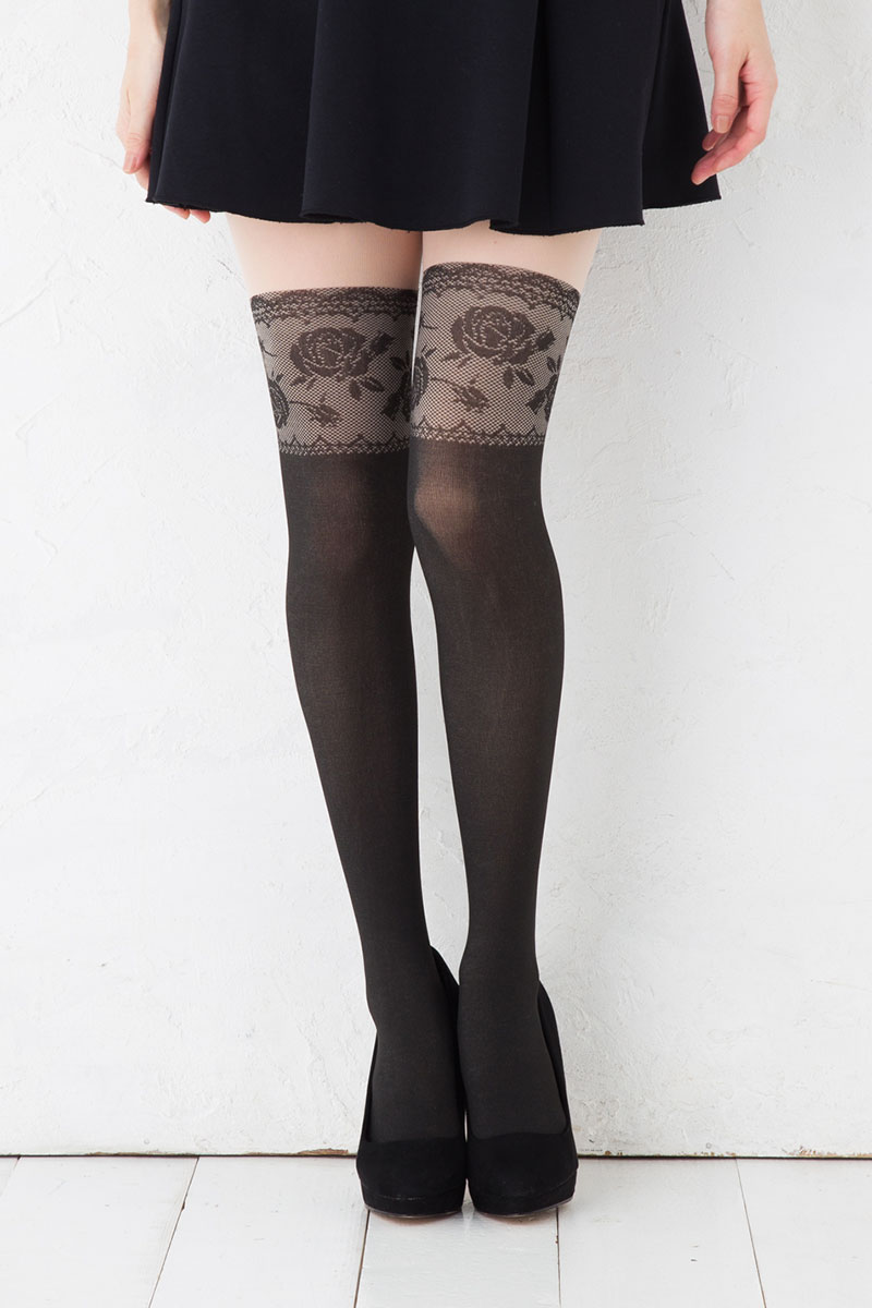 モデル着用＆注目アイテム ローズレース フェイクニーハイストッキング ML ブラック 柄タイツ レディース fake tights