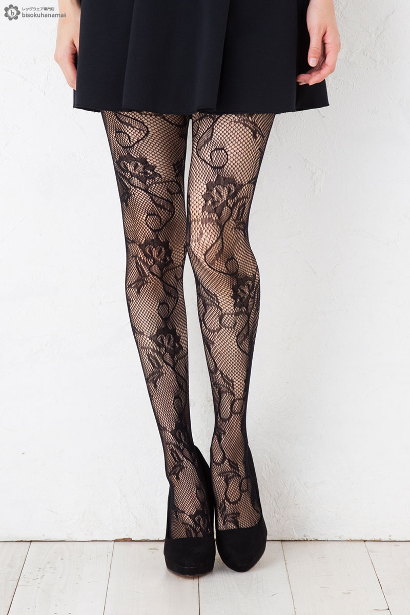 Bisokuhanamai Ivy Floral Design Raschel Tights Black M L Network Tights Pattern Stockings Lady