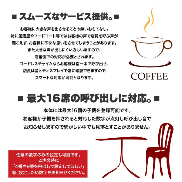 コードレスチャイム/ワイヤレスチャイム/最大登録16ch/送信機16個/呼び鈴/押しボタン式/呼び出しチャイム/防犯機能/飲食店/介護施設ファミレス/居酒屋/カフェ/来客チャイム/オーダー/介護呼び出し/@y-0016