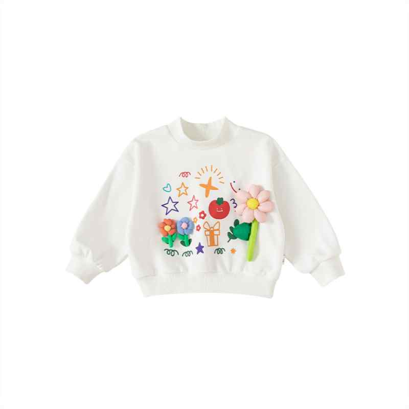 トレーナー 女の子 キッズ 小学生 ベビー 幼児 トップス 長袖 スウェット ラウンドネック 快適 柔らかい かわいい プリント 星 ユニーク 花 立体的 白 ピンク お出かけ カジュアル 春秋 韓国 男女兼用