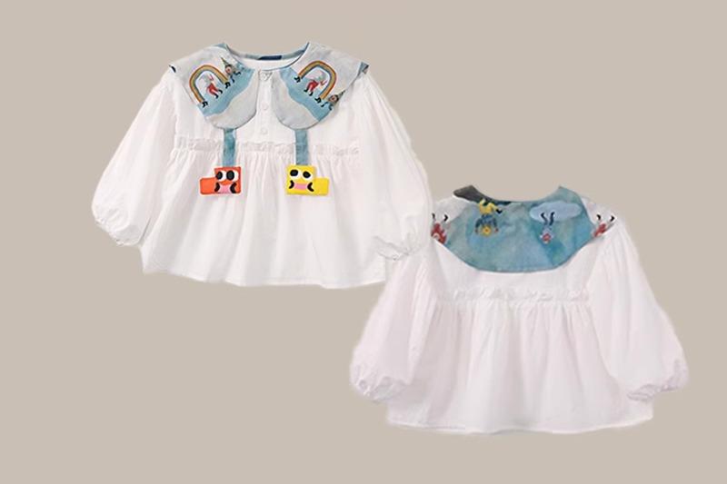 シャツ キッズ 女の子 ブラウス 春秋 韓国 トップス 子供服 ドールカラー 大きめ襟 カジュアル シンプル かわいい お出かけ レジャー 白