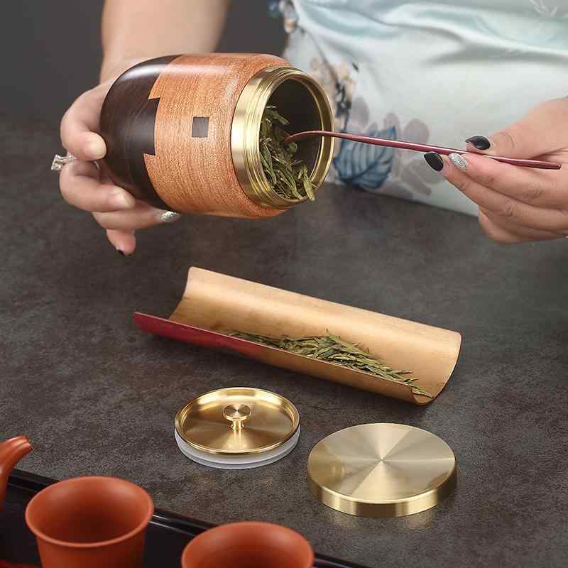 茶筒 木製 おしゃれ 茶缶 キャニスター お茶入れ 紅茶 コーヒー豆 保存容器 無垢材 二重 チタン ライナー ポータブル 密封 防湿 収納 ボックス 家庭用 ブラウン