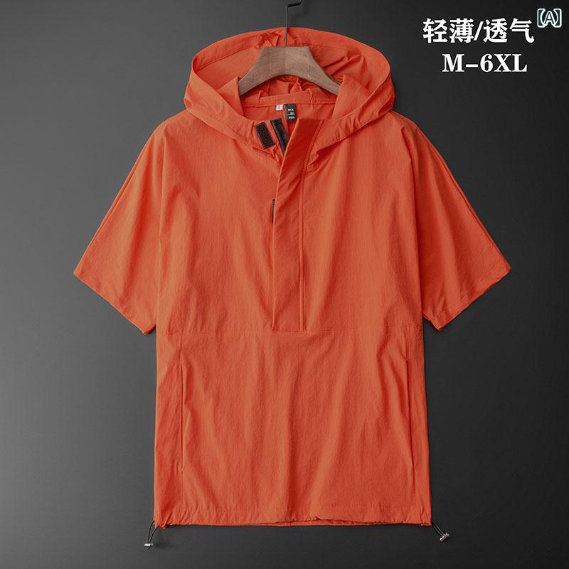 メンズ 半袖 春夏 フード付き Tシャツ 大きいサイズ パーカー 薄手 スウェット ファッション オレンジ ブラック ブルー