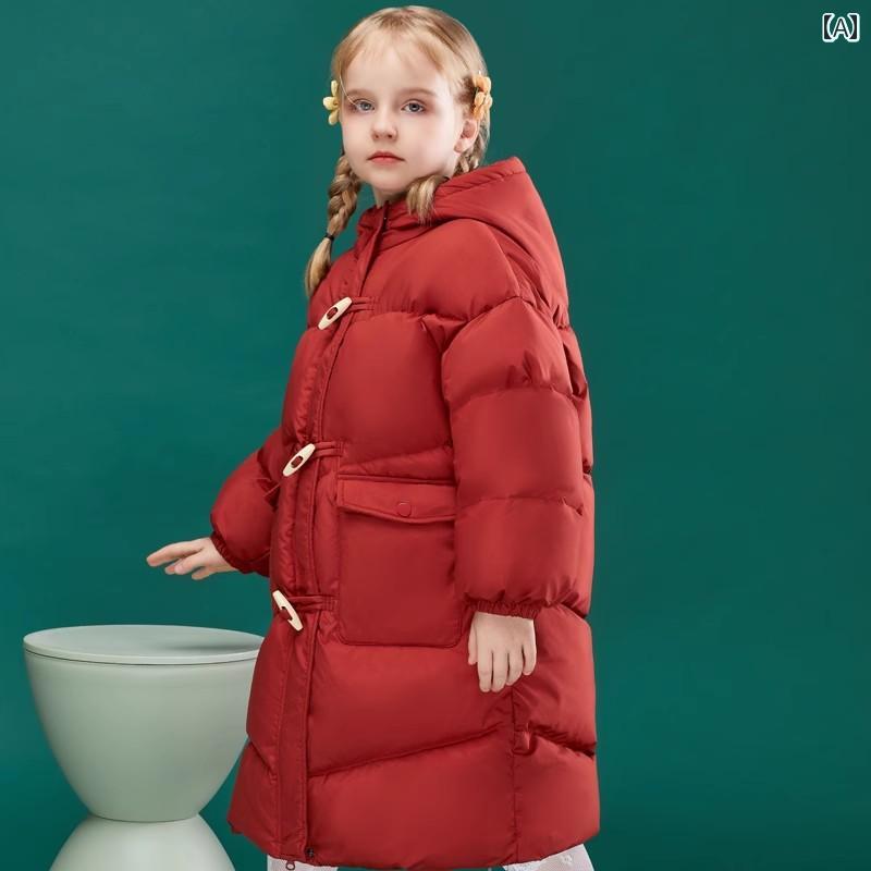 ダウンジャケット キッズ コート 子供服 アウター おしゃれ かわいい 女の子 ロング フード 厚手 秋冬 ダッフル ボタン レッド グリーン|モズラボ