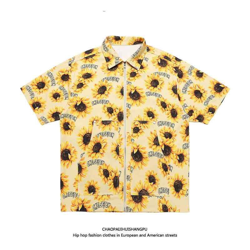 メンズ レディース ひまわり 総柄シャツ セットアップ ハワイ ビーチ 休暇 旅行 フルプリント デイジー ジッパー 半袖 シャツ オーバー サイズ ストリート シャツ