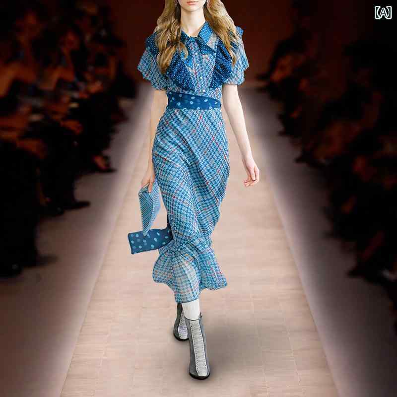 レディース 春 フレンチブルー ドレス 千鳥格子 チェック柄 スカート レトロ ロング スカート レースアップ スカート｜モズラボ