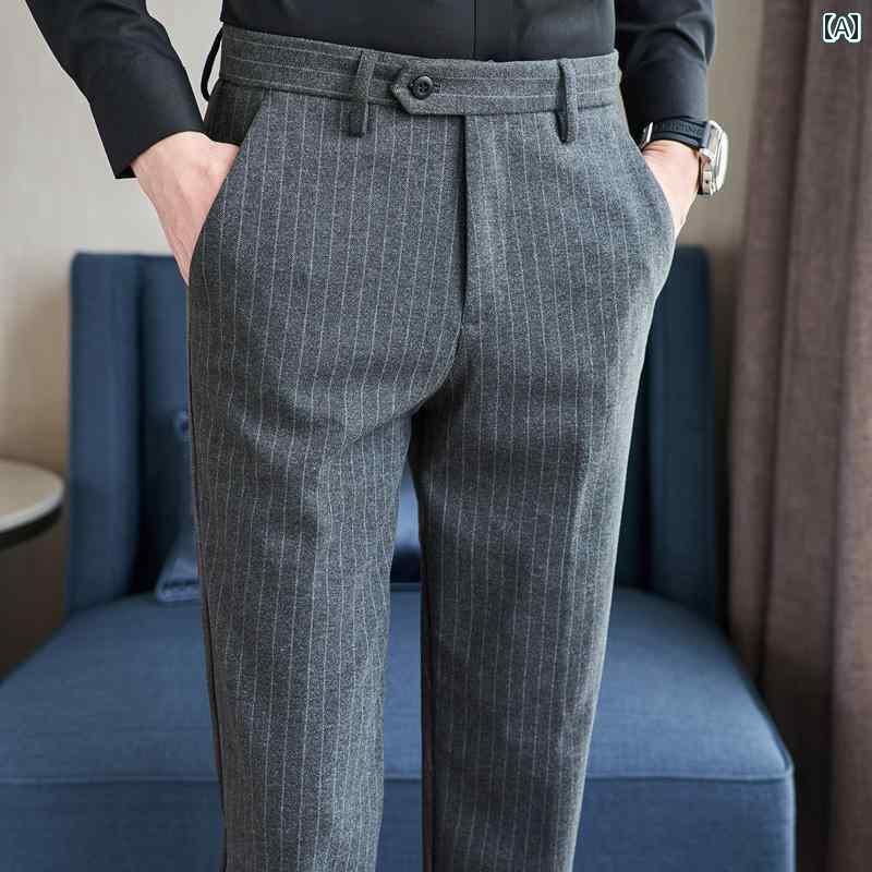 スラックス メンズ ウール パンツ 秋冬 カジュアル パンツ スリムフィット アンクレット 九分丈 パンツ ストライプパンツ ビジネス フォーマル スーツ パンツ
