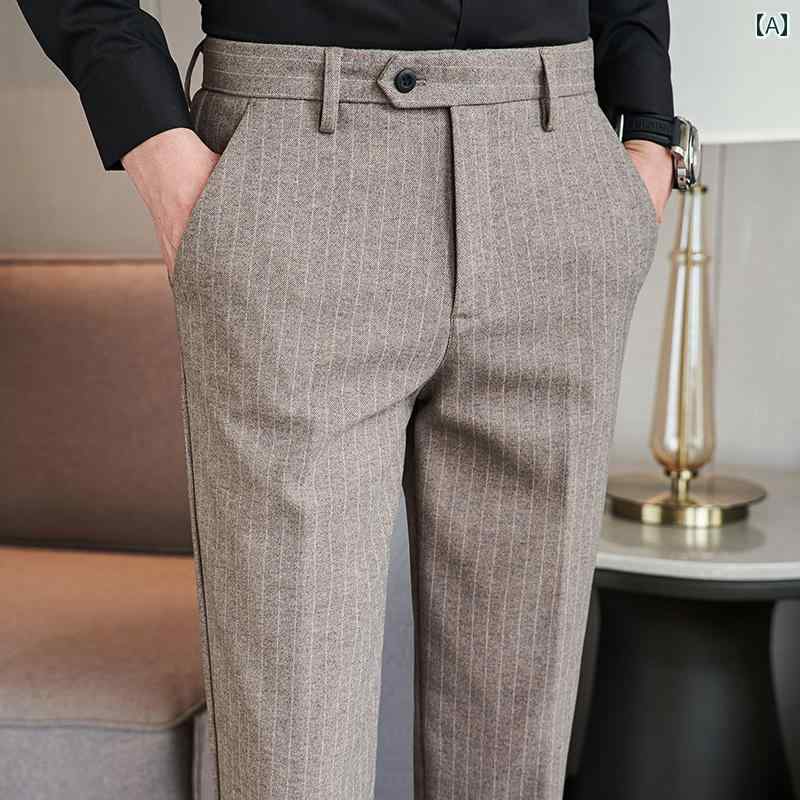 スラックス ショート メンズ ストライプ ウール パンツ 秋冬 スリムフィット 八分丈 九分丈 パンツ ビジネス パンツ 8 九分丈 カジュアル パンツ