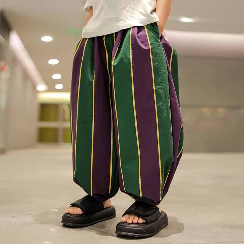 キッズ ズボン 夏 男の子 民族風 ハーレム パンツ ひんやり 涼しい 薄手 速乾 通気性 虫よけ 蚊 柔らかい ウエストゴム 腰紐 ゆったり カジュアル おしゃれ 緑 紫 ストライプ