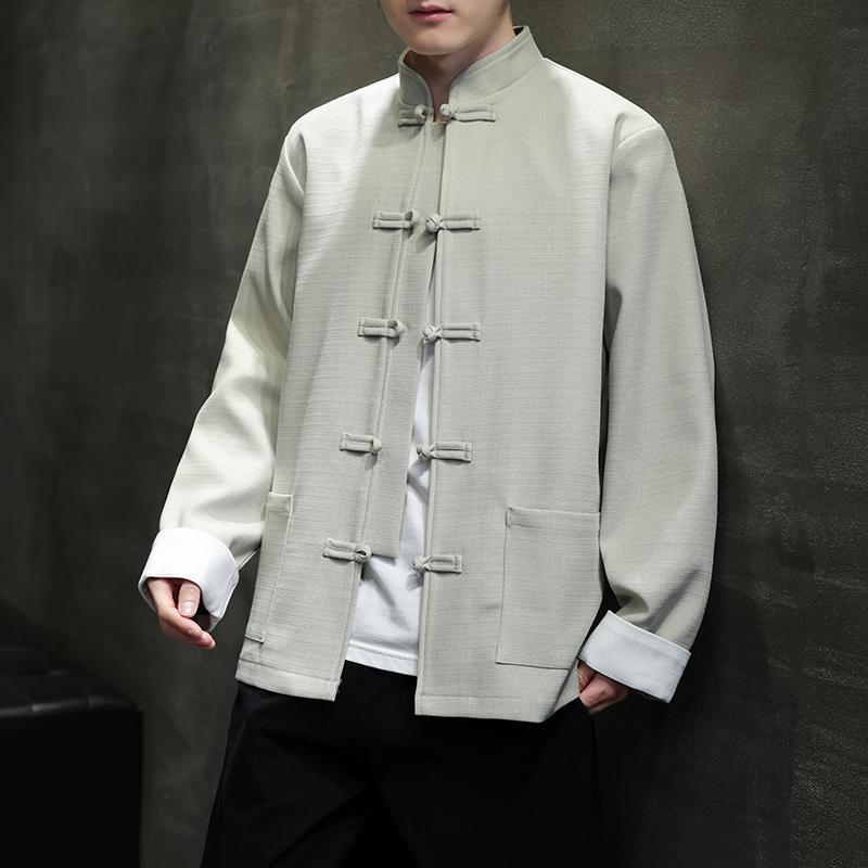 ジャケットメンズ 秋 チャイナ風 スタンドカラー ボタン ポケット ゆったり 通気 薄手 漢服 カンフー バイカラー 黒 グレー 大きいサイズ