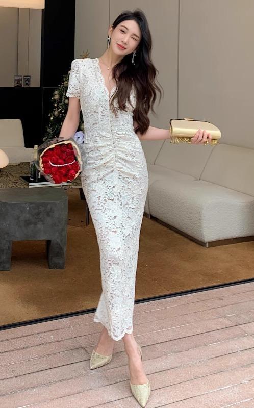 イブニングドレス レディース フレンチ レトロ 豪華 軽い ロング レース 半袖 Vネック パーティー 結婚式 宴会 エレガント プルオーバー 上品 おしゃれ 白|モズラボ
