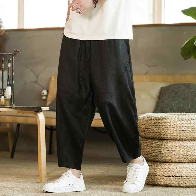 ワイドパンツ メンズ 夏 チャイナ風 大きいサイズ ゆったり ウエストゴム 紐 ポケット 薄手 通気性 九分丈 大人 カジュアル シンプル アイボリー 黒 茶