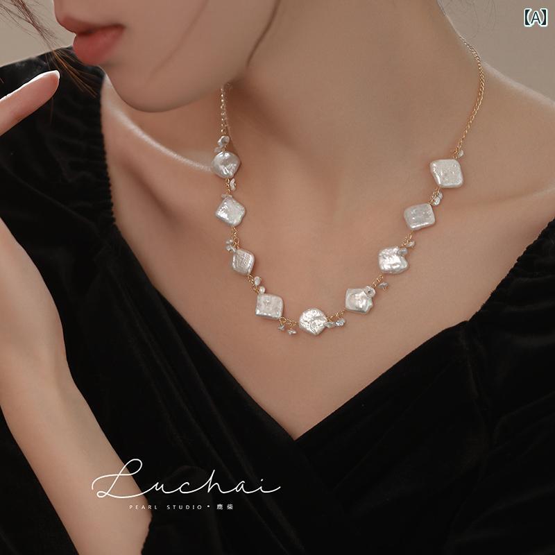 ネックレス レディース 結婚式 セレモニー 上品 バロック 菱形 パールネックレス 高級感 スター リング シルバー 鎖骨 チェーン ハイエンド