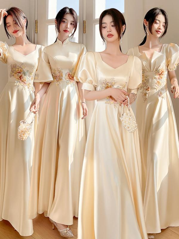ブライズメイド ドレス ロング マキシ サテン グループ スカート レディース 双子 リンク コーデ 結婚式 お揃い ウエディング パーティー おしゃれ 緑 大きいサイズ パフスリーブ スタンドカラ&mdash;｜モズラボ
