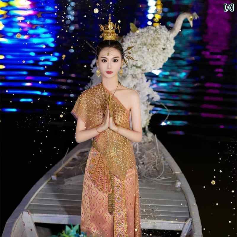 タイ 民族衣装 レディース プリンセス 伝統 服 チューブトップ ショール 巻き スカート シワーライ サバイ パーティー 舞台 ステージ 演出 写真撮影 パフォーマンス コスプレ ダンス エスニック アジアン おしゃれ エレガント ピンク ゴールド