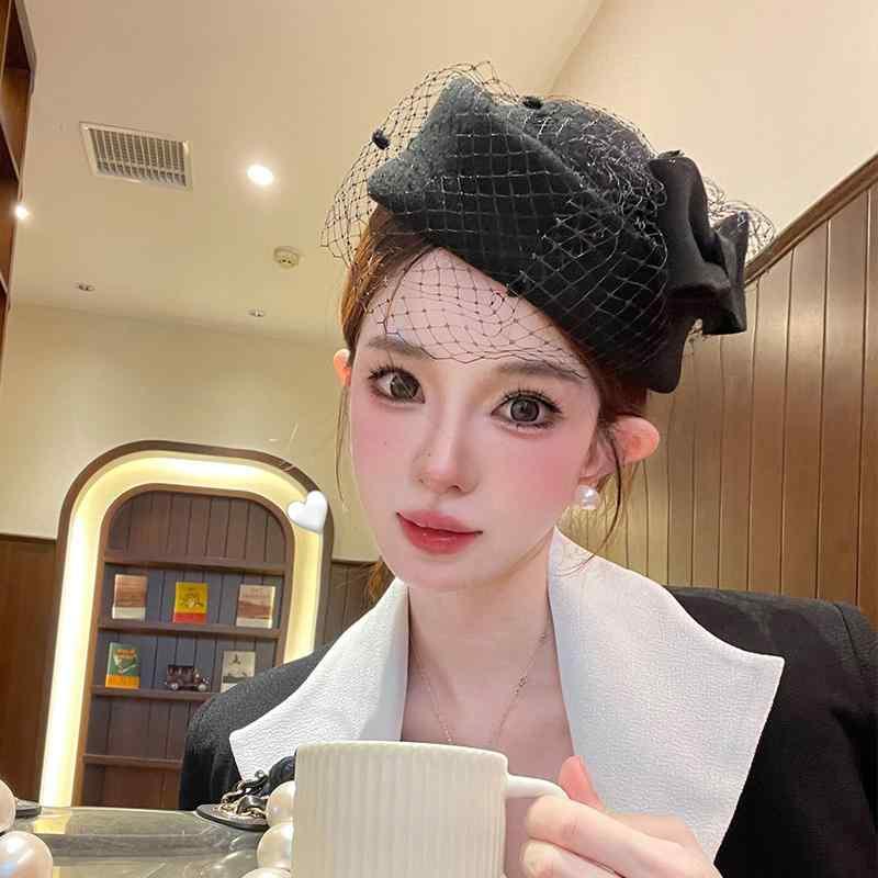 トーク帽 成人式 ウエディング セレモニー フォーマル 英国 レトロ かわいい 豪華 メッシュ ウール ベレー レディース 小さな ベール フリーサイズ 黒 白