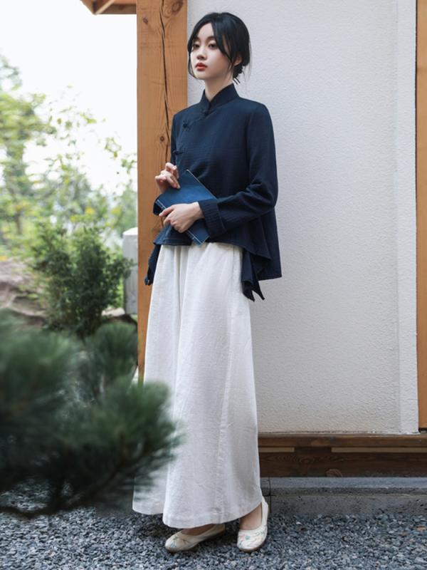 太極拳 服 レディース トップス チャイナ風 春秋 綿 麻 ワイドパンツ 上下 セット スタンドカラー フリル 装飾 無地 ゆったり リラックス 青 白