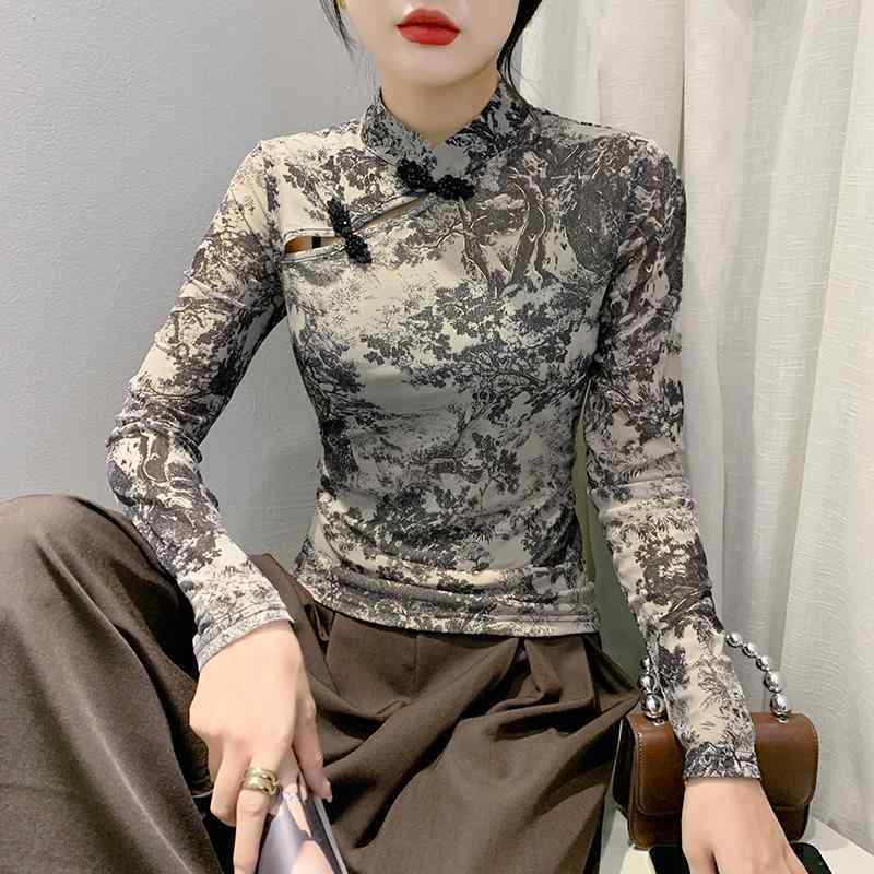 トップス 長袖 レディース Tシャツ スリムフィット 快適 通気性 しわ防止 抗ピリング おしゃれ レトロ チャイナ風 プリント 柄物 大きいサイズ グレー 秋 お出かけ 普段使い
