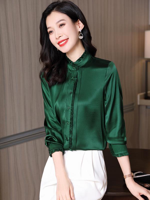 サテン ブラウス 光沢 レディース 春 大きいサイズ ゆったり とろみ トップス 長袖 シャツ スタンドカラー フリル オフィス 通勤 フォーマル シンプル きれいめ エレガント 赤 緑 アプリコット｜モズラボ 10,601円