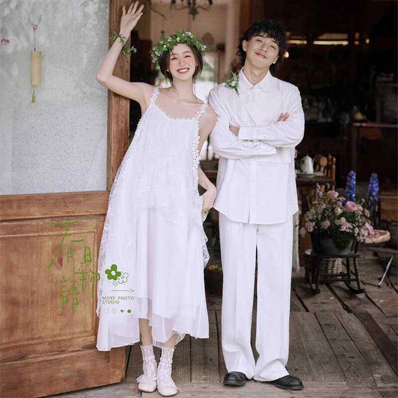 ウェディング 前撮り ワンピース フォト 写真 スタジオ 結婚式 衣装 レディース キャミソール Aライン レース ハイウエスト かわいい 白｜モズラボ